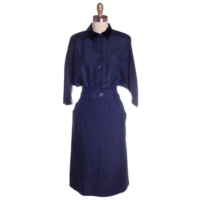 Vintage Womens Blue Silk Day Suit with Great Sleeves 1940s Sz 6 Tailored Junior