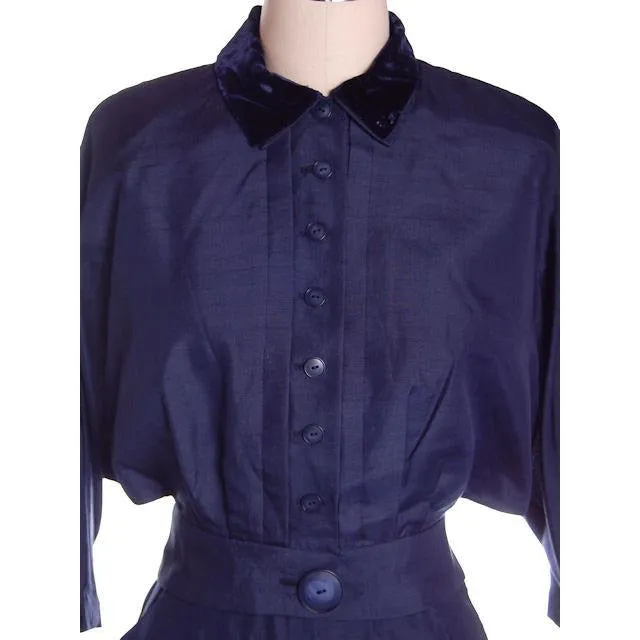 Vintage Womens Blue Silk Day Suit with Great Sleeves 1940s Sz 6 Tailored Junior