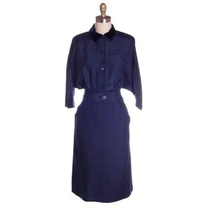 Vintage Womens Blue Silk Day Suit with Great Sleeves 1940s Sz 6 Tailored Junior