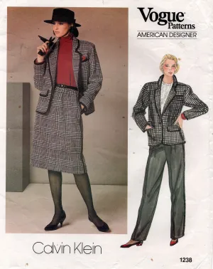 Vogue American Designer 1238 CALVIN KLEIN Womens Tailored Jacket Skirt & Pants 1980s Vintage Sewing Pattern Size 14 Bust 36 inches