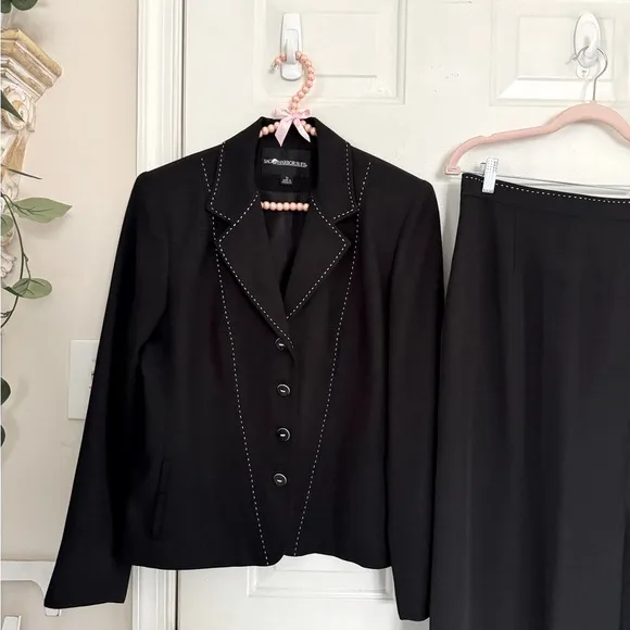 VTG Sag Harbor Suits Black White Stitch Trim Skirt Suit Size 10