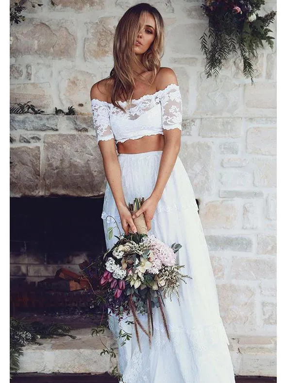 White Sexy Two Pieces Long Sleeve Lace Wedding Dresses Online, WDY0229