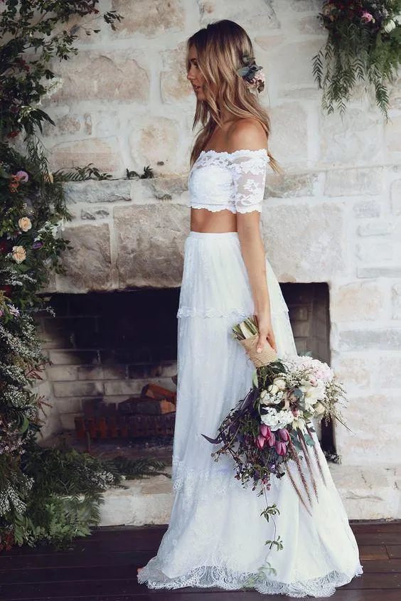 White Sexy Two Pieces Long Sleeve Lace Wedding Dresses Online, WDY0229