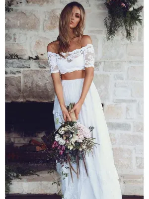 White Sexy Two Pieces Long Sleeve Lace Wedding Dresses Online, WDY0229
