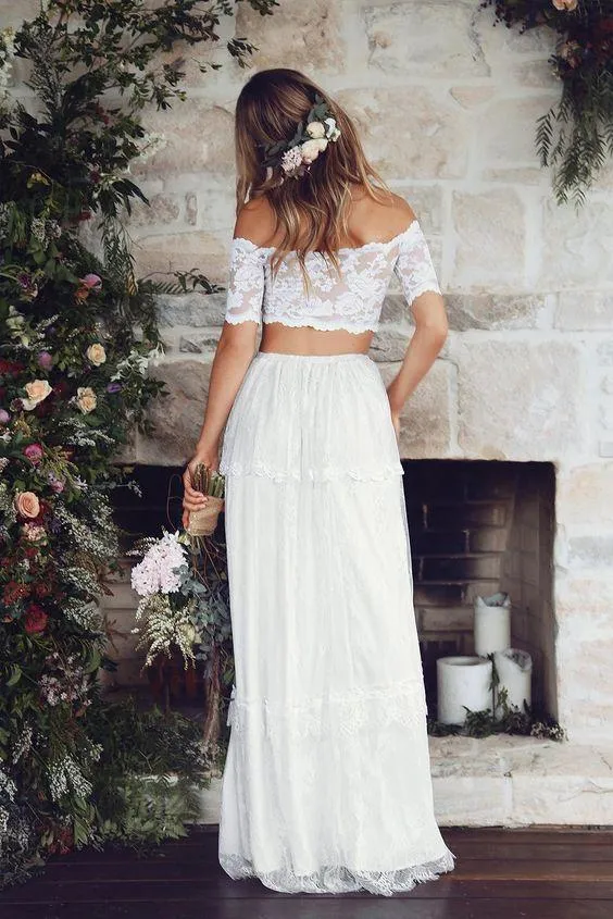 White Sexy Two Pieces Long Sleeve Lace Wedding Dresses Online, WDY0229