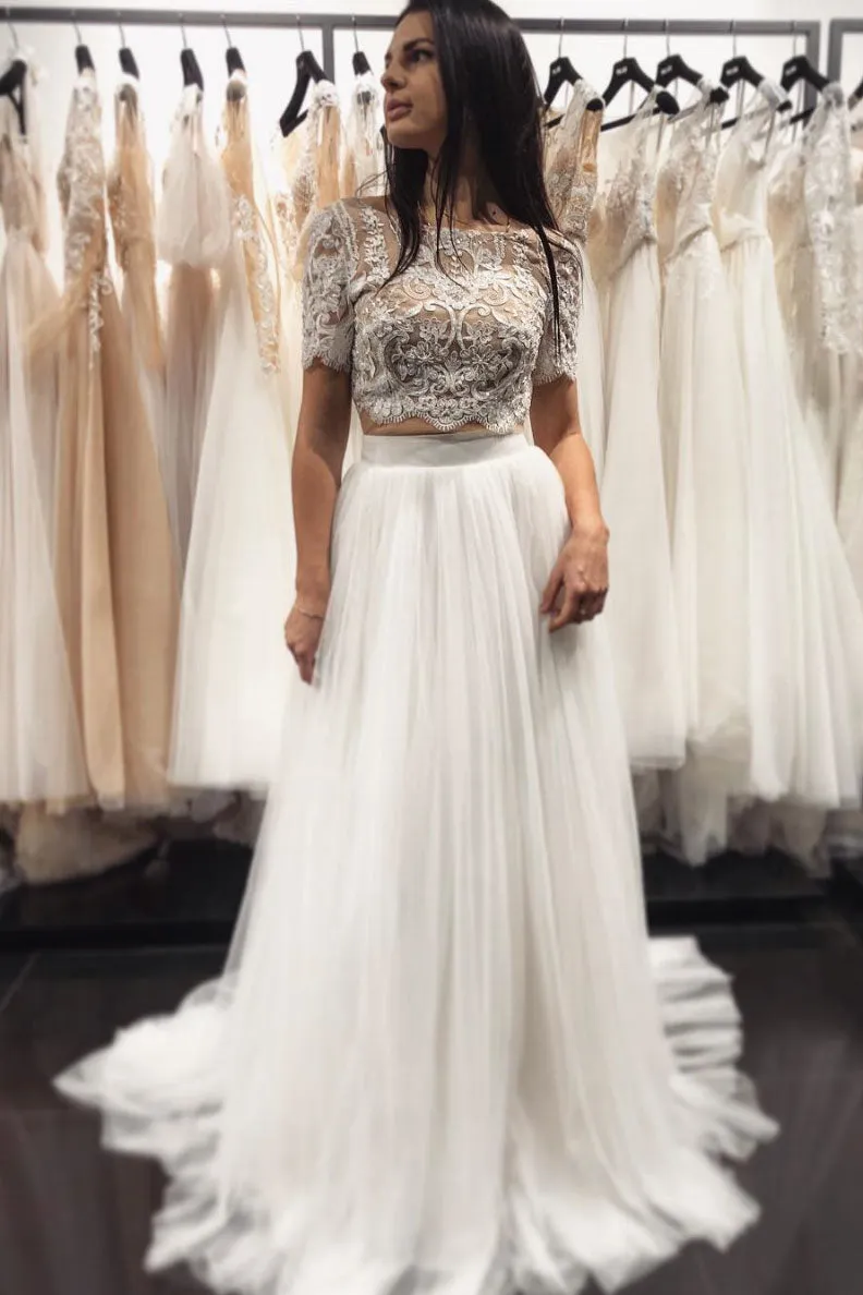White two pieces lace tulle long prom dress, white evening dress