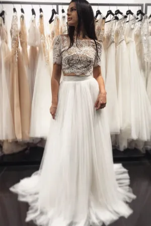 White two pieces lace tulle long prom dress, white evening dress