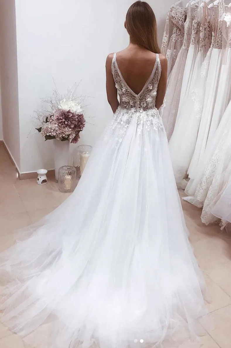 White v neck tulle lace beads long prom dress formal dress