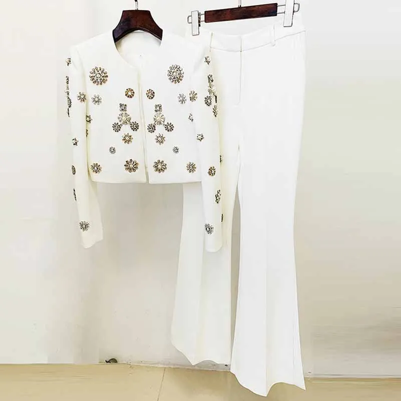 Women Hand Sewn Pearls Jewellery Crop Pantsuit Blazer Jacket   Flare Trousers Side Slit Pants Suit Wedding Suit Party Set