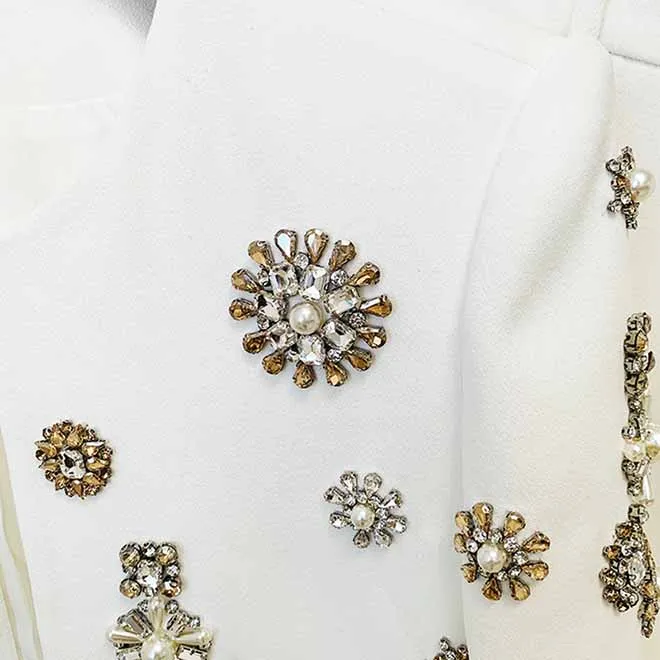 Women Hand Sewn Pearls Jewellery Crop Pantsuit Blazer Jacket   Flare Trousers Side Slit Pants Suit Wedding Suit Party Set