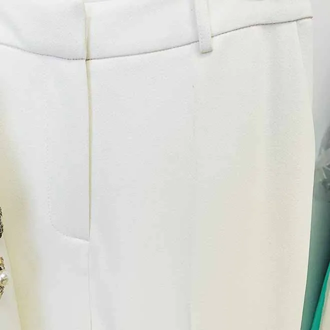Women Hand Sewn Pearls Jewellery Crop Pantsuit Blazer Jacket   Flare Trousers Side Slit Pants Suit Wedding Suit Party Set