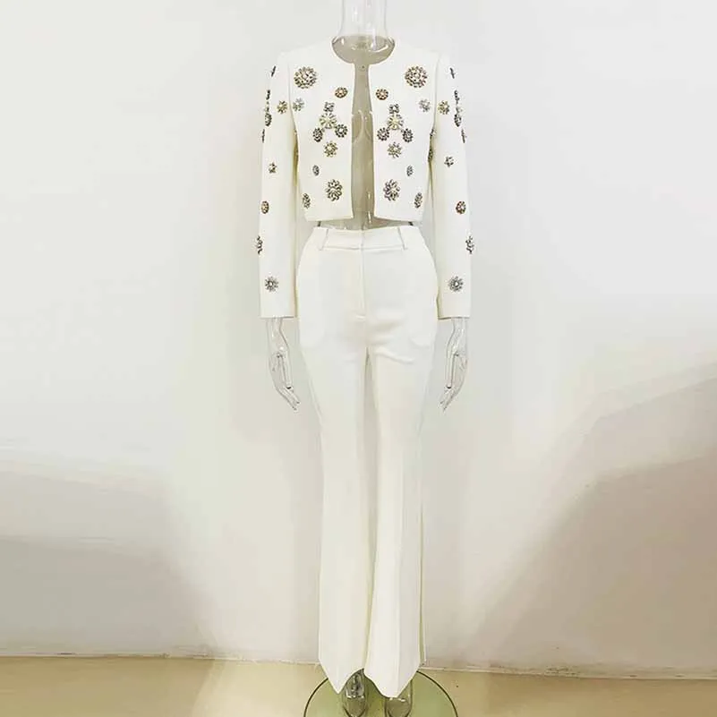 Women Hand Sewn Pearls Jewellery Crop Pantsuit Blazer Jacket   Flare Trousers Side Slit Pants Suit Wedding Suit Party Set
