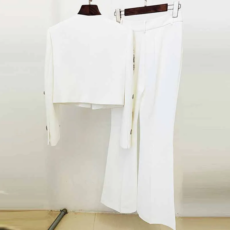 Women Hand Sewn Pearls Jewellery Crop Pantsuit Blazer Jacket   Flare Trousers Side Slit Pants Suit Wedding Suit Party Set