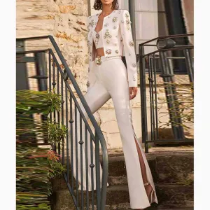 Women Hand Sewn Pearls Jewellery Crop Pantsuit Blazer Jacket   Flare Trousers Side Slit Pants Suit Wedding Suit Party Set