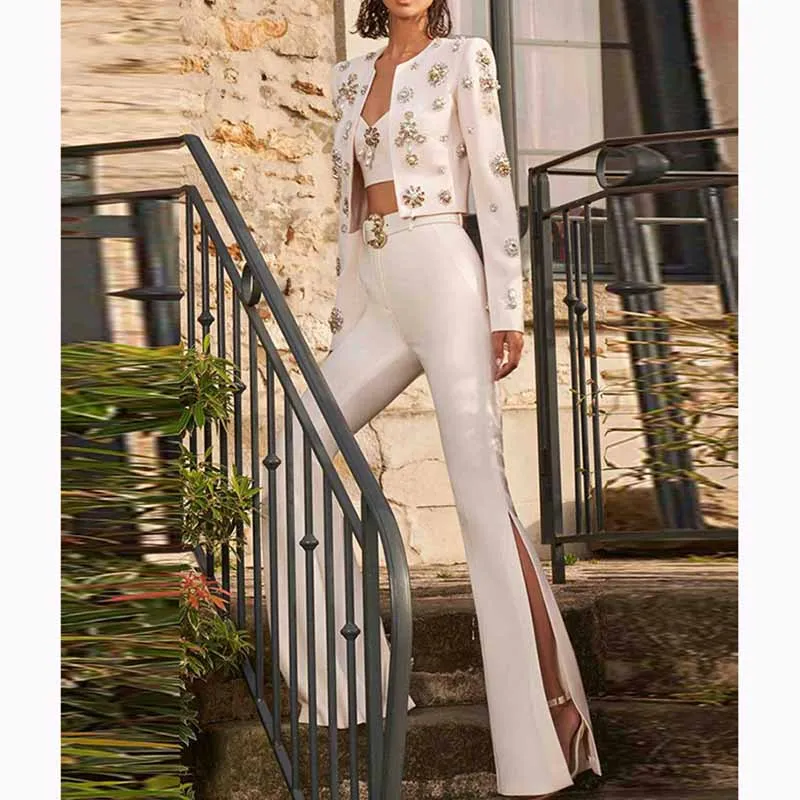 Women Hand Sewn Pearls Jewellery Crop Pantsuit Blazer Jacket   Flare Trousers Side Slit Pants Suit Wedding Suit Party Set