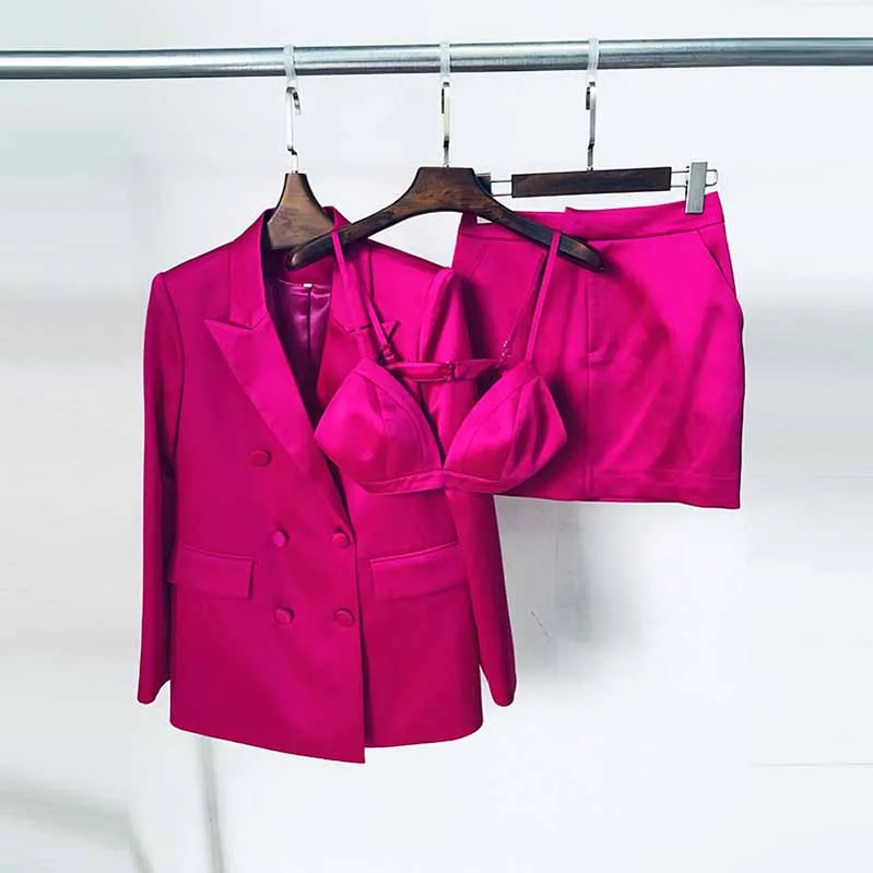 Women Rose Bra  Blazer   Rose Skirt 3 Pieces Set Short Skirt Suits