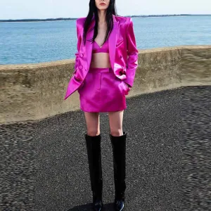 Women Rose Bra  Blazer   Rose Skirt 3 Pieces Set Short Skirt Suits