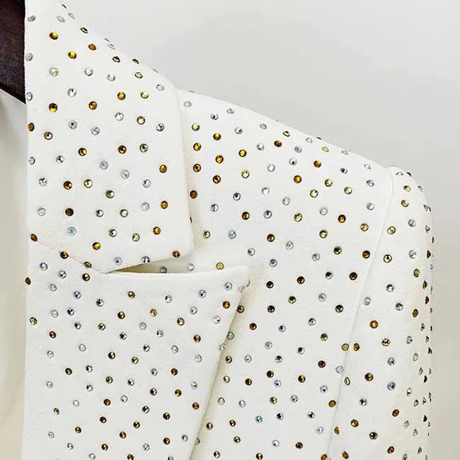 Women White Bling Bling Hot Drill Studs Fitted Blazer   Mini Skirt Suit White