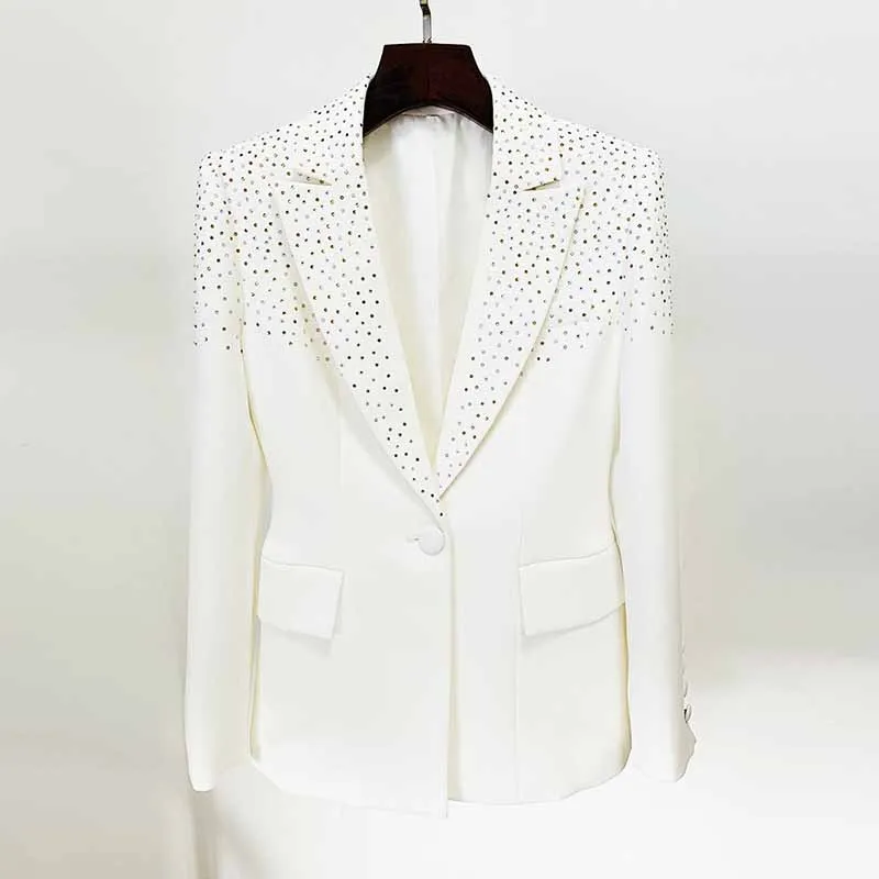 Women White Bling Bling Hot Drill Studs Fitted Blazer   Mini Skirt Suit White