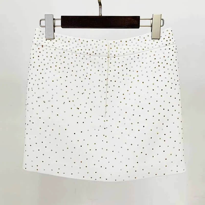 Women White Bling Bling Hot Drill Studs Fitted Blazer   Mini Skirt Suit White