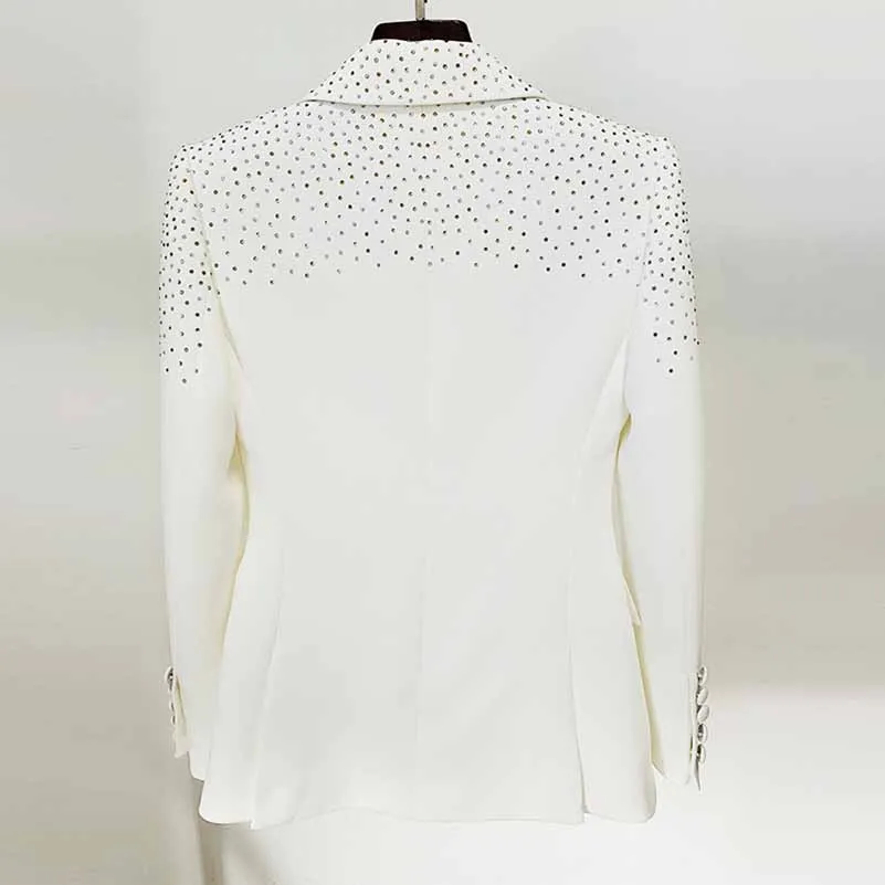 Women White Bling Bling Hot Drill Studs Fitted Blazer   Mini Skirt Suit White