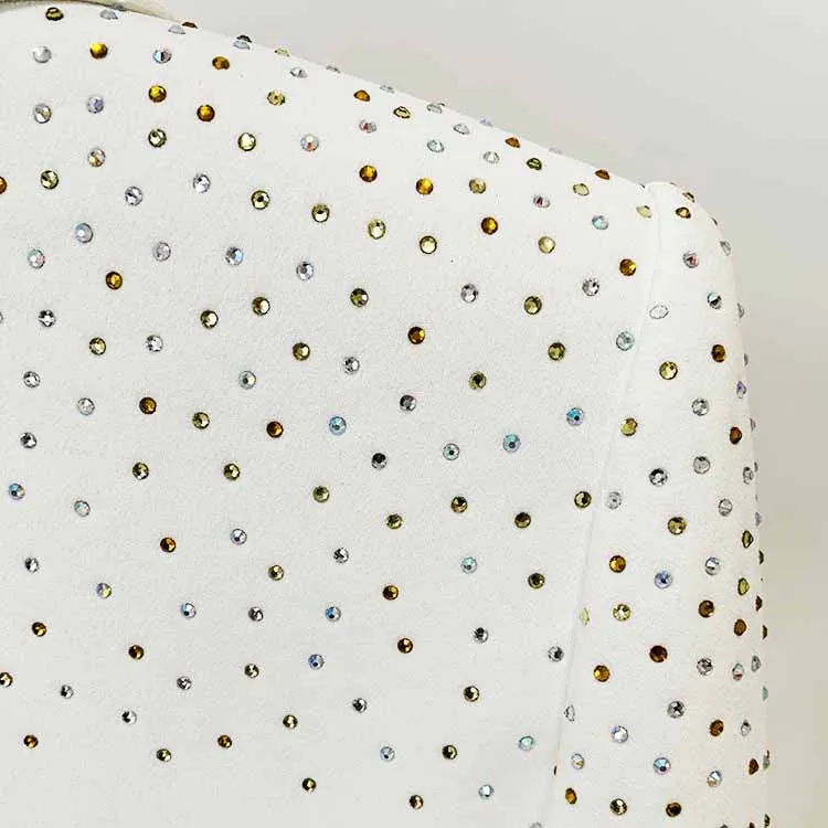 Women White Bling Bling Hot Drill Studs Fitted Blazer   Mini Skirt Suit White