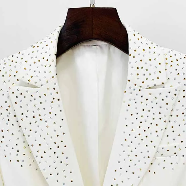 Women White Bling Bling Hot Drill Studs Fitted Blazer   Mini Skirt Suit White