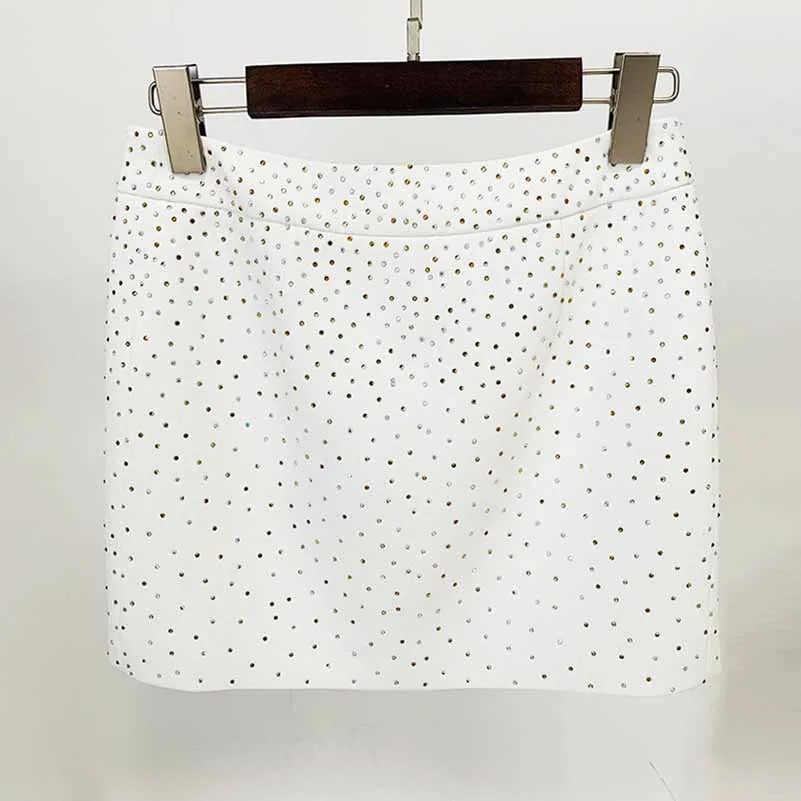 Women White Bling Bling Hot Drill Studs Fitted Blazer   Mini Skirt Suit White