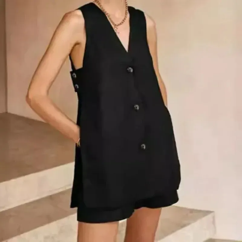 Women's 2-Piece Cotton Suit Set: V-Neck Vest Blazer & High Waist Shorts