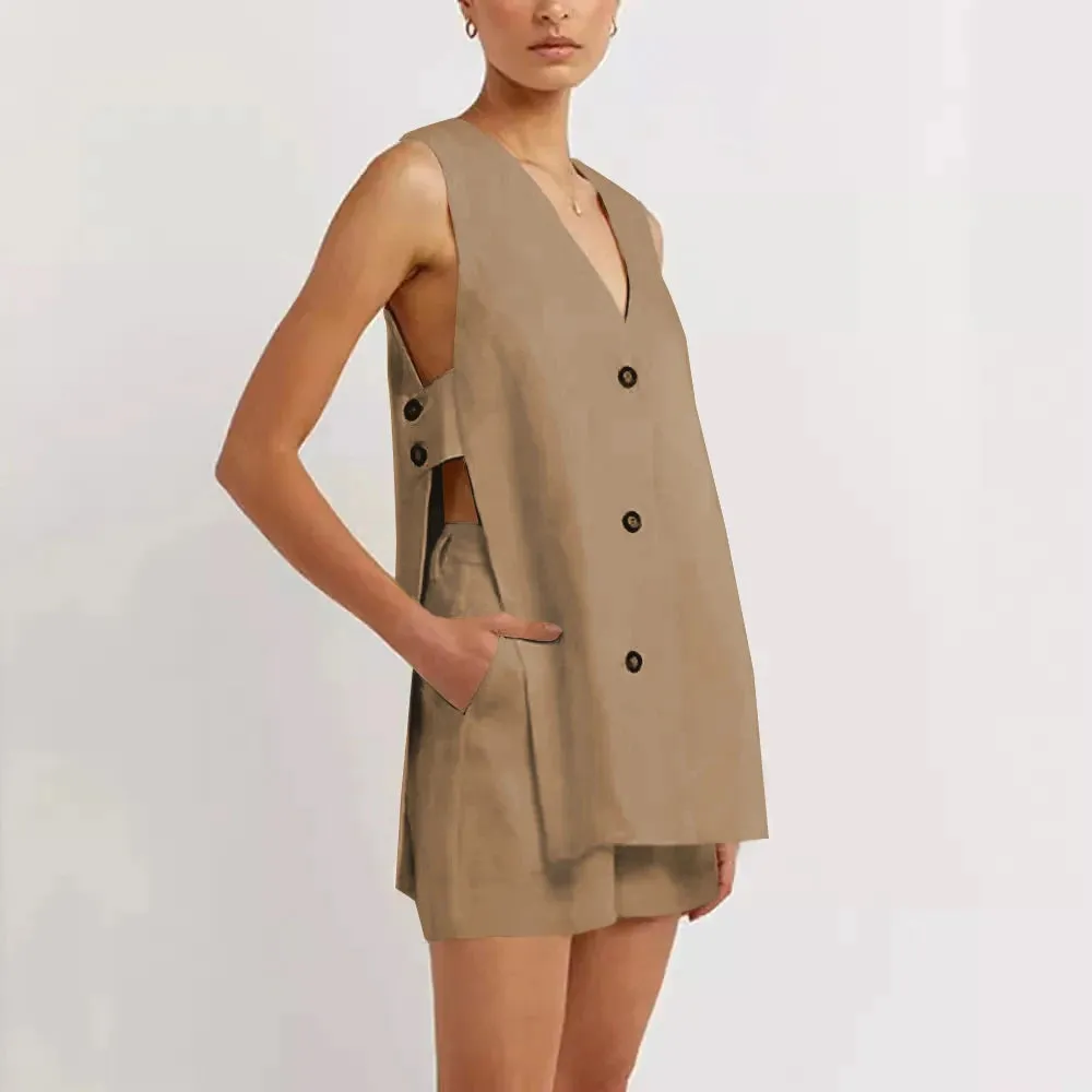 Women's 2-Piece Cotton Suit Set: V-Neck Vest Blazer & High Waist Shorts