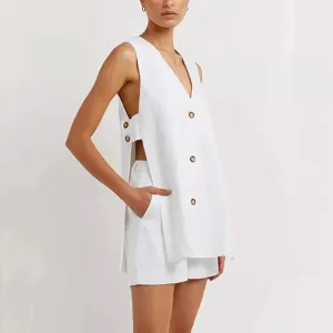 Women's 2-Piece Cotton Suit Set: V-Neck Vest Blazer & High Waist Shorts