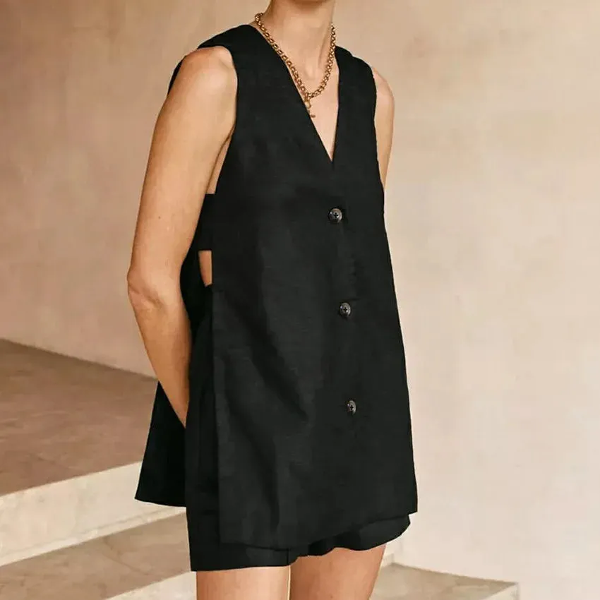 Women's 2-Piece Cotton Suit Set: V-Neck Vest Blazer & High Waist Shorts