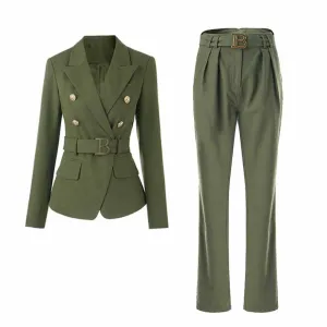 Women's Army Green Pantsuit  High Waisted Two Piece Pants Set Suits With Belt