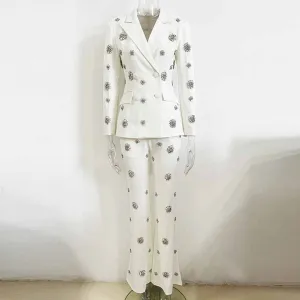 Women's Crystal Embellished Flared Pantsuit White Formal Suit Wedding Outfit