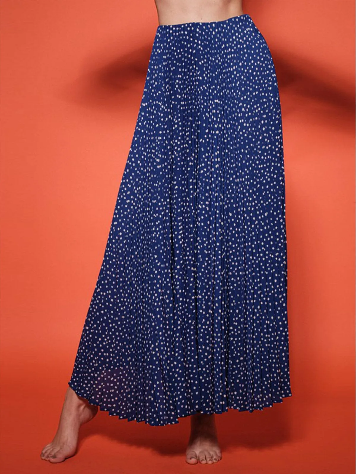 WOMEN'S ELASTIC WAIST PLEATED POLKA DOTS MAXI SKIRT