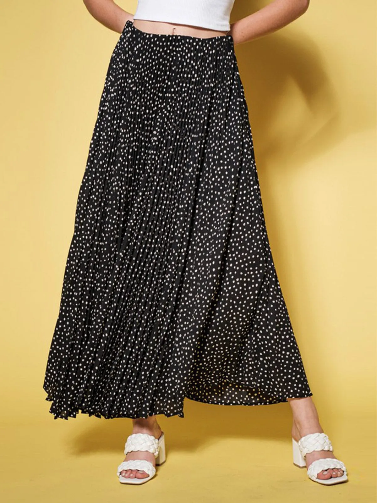 WOMEN'S ELASTIC WAIST PLEATED POLKA DOTS MAXI SKIRT