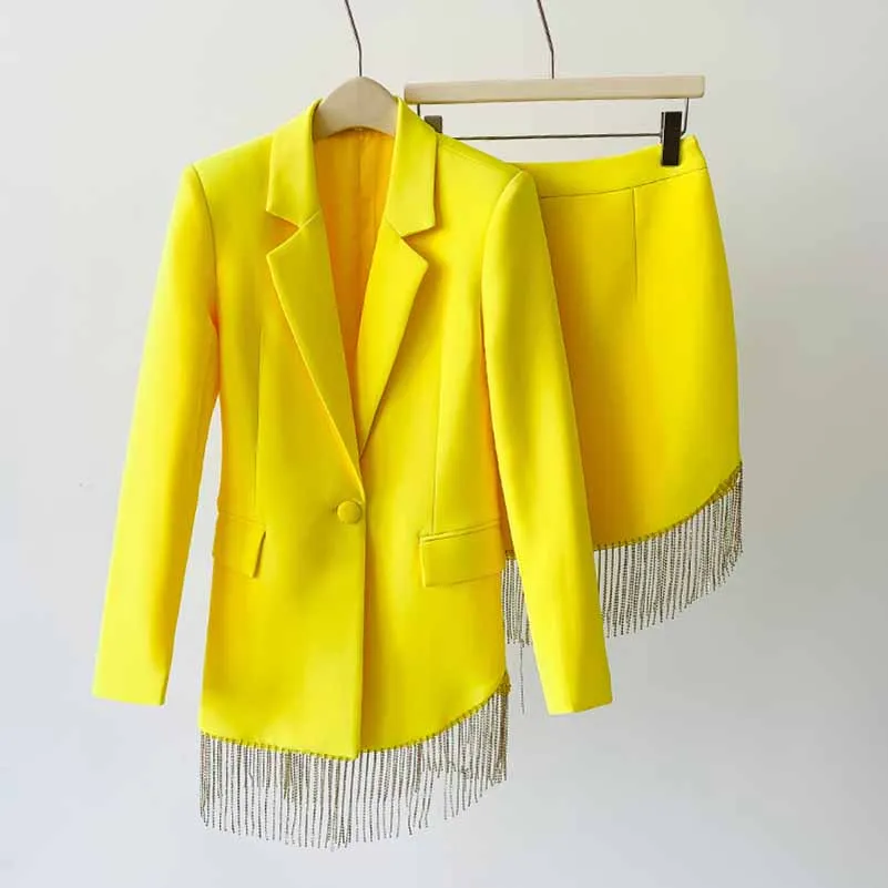 Women's Fitted Yellow Short Blazer    Mini Skirt Suit