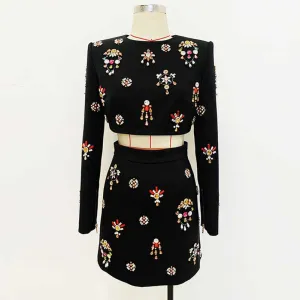 Women's Formal Skirt Suit Fitted nail bead diamond Short Crop Jacket   Mini Skirt Suit
