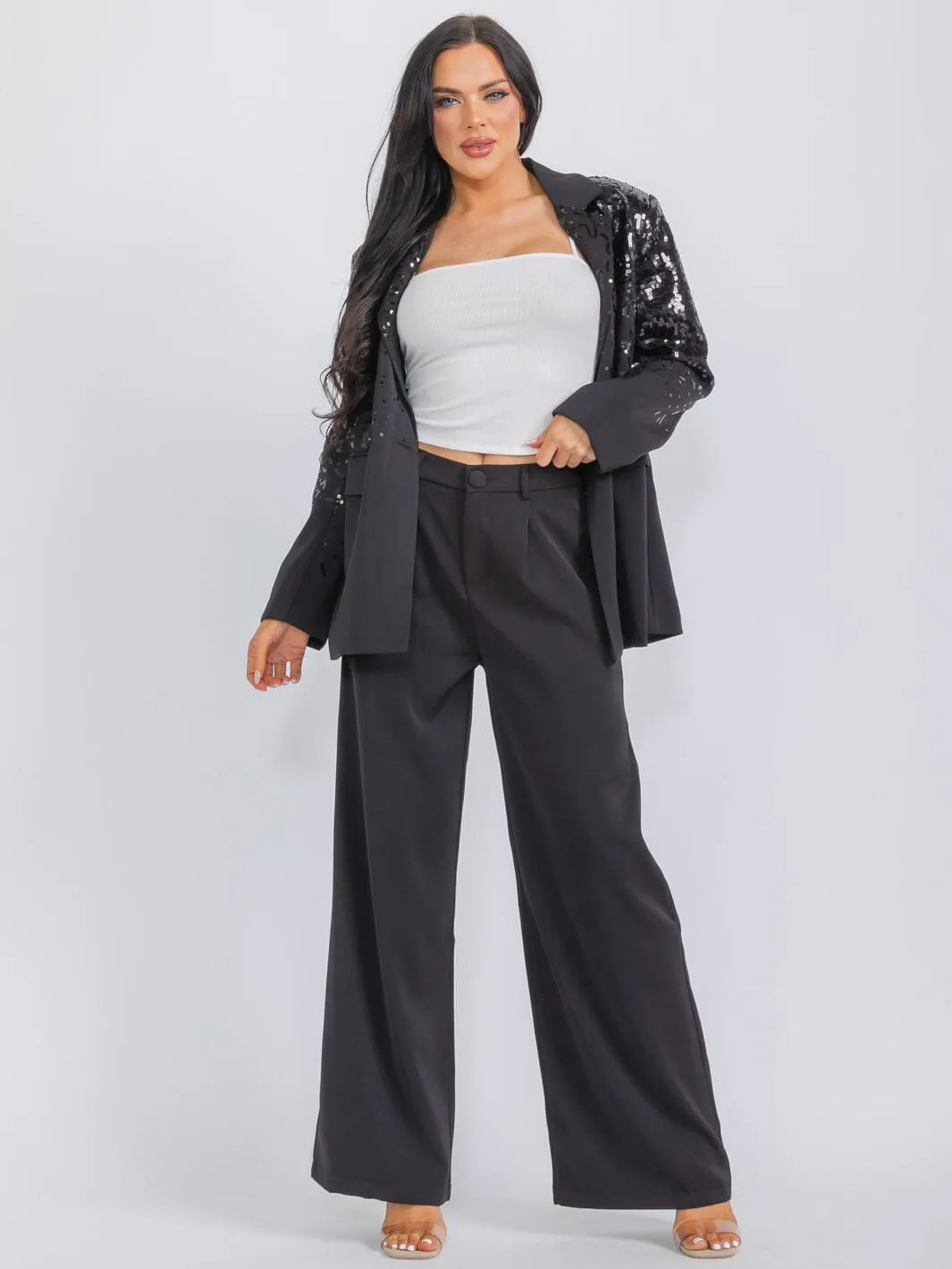 WOMEN'S LONG SLEEVE BLAZER & WIDE LEG PANTS SEQUINS 2PC. SET