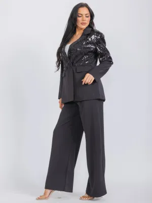 WOMEN'S LONG SLEEVE BLAZER & WIDE LEG PANTS SEQUINS 2PC. SET