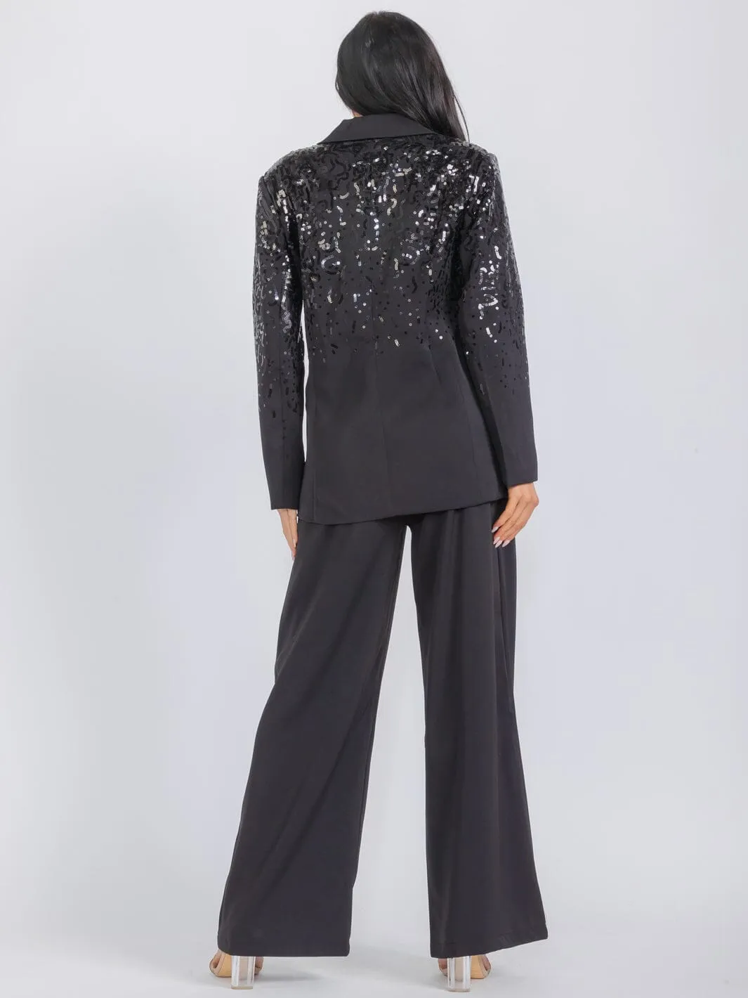 WOMEN'S LONG SLEEVE BLAZER & WIDE LEG PANTS SEQUINS 2PC. SET
