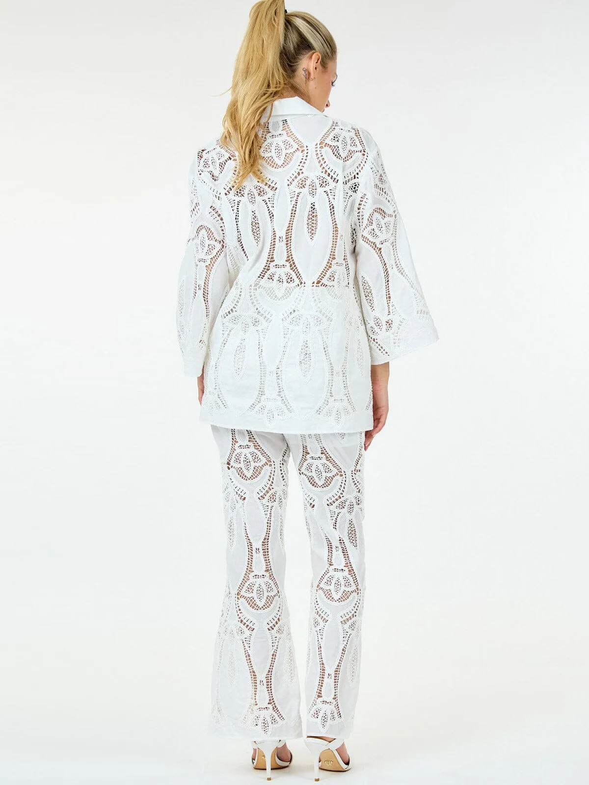 WOMEN'S LONG SLEEVE BLOUSE & WIDE LEG EYELET DETAILED 2PC. SET