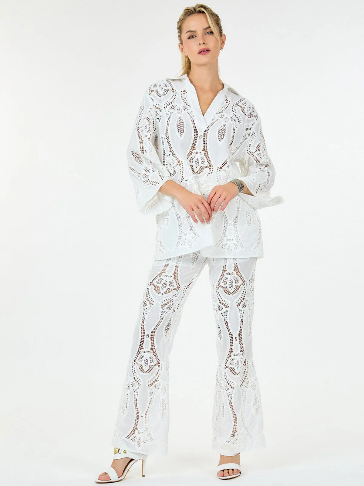 WOMEN'S LONG SLEEVE BLOUSE & WIDE LEG EYELET DETAILED 2PC. SET