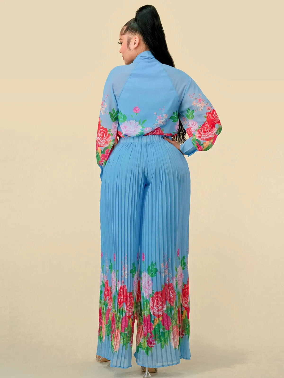 WOMEN'S LONG SLEEVE BLOUSE & WIDE LEG PLEATED PANTS FLORAL PRINT 2PC. SET