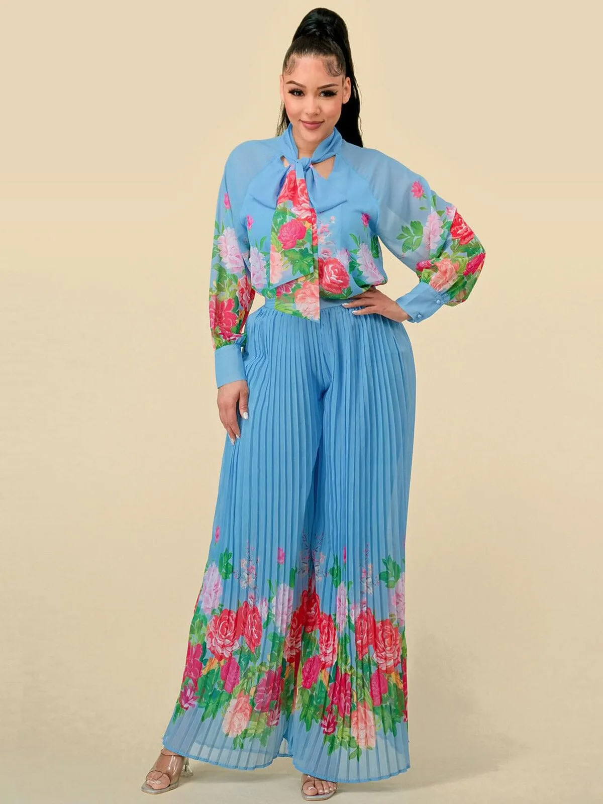 WOMEN'S LONG SLEEVE BLOUSE & WIDE LEG PLEATED PANTS FLORAL PRINT 2PC. SET