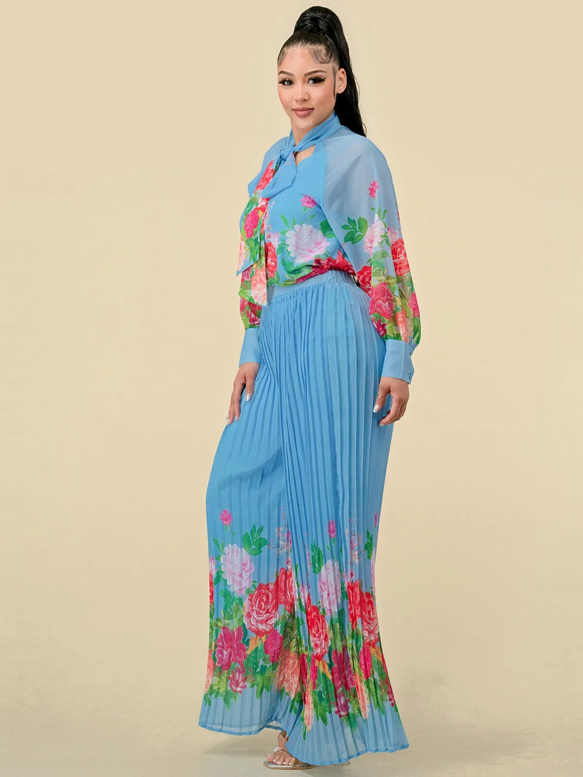 WOMEN'S LONG SLEEVE BLOUSE & WIDE LEG PLEATED PANTS FLORAL PRINT 2PC. SET