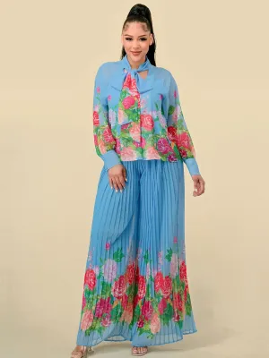 WOMEN'S LONG SLEEVE BLOUSE & WIDE LEG PLEATED PANTS FLORAL PRINT 2PC. SET