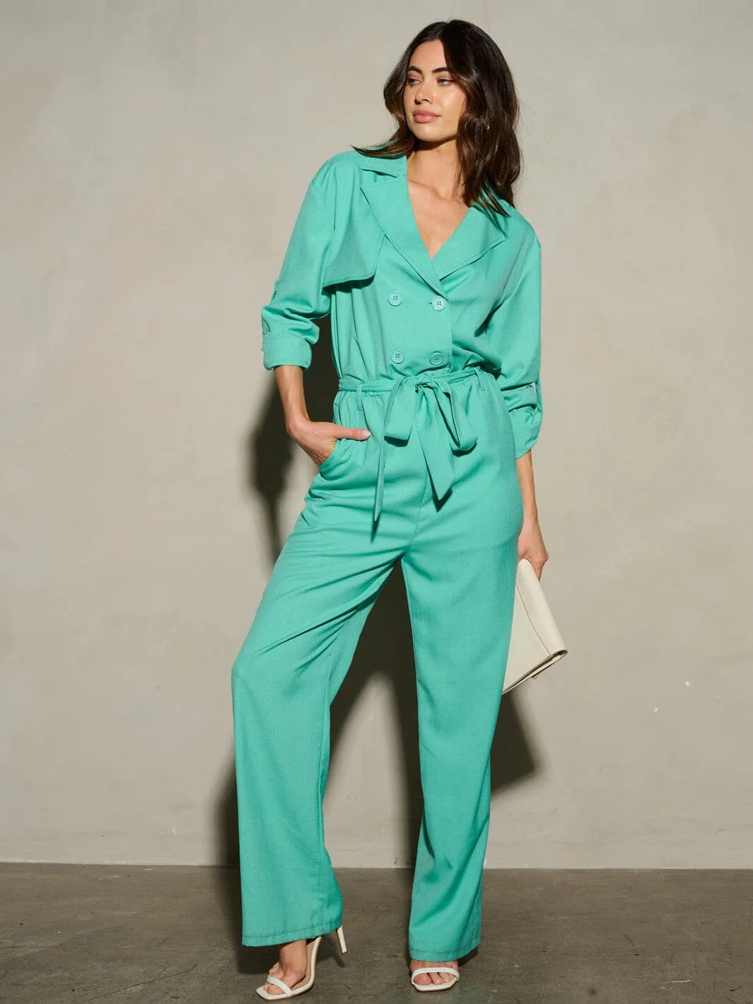 WOMEN'S LONG SLEEVE BUTTON CLOSURE SELF TIE POCKETS WIDE LEG JUMPSUIT