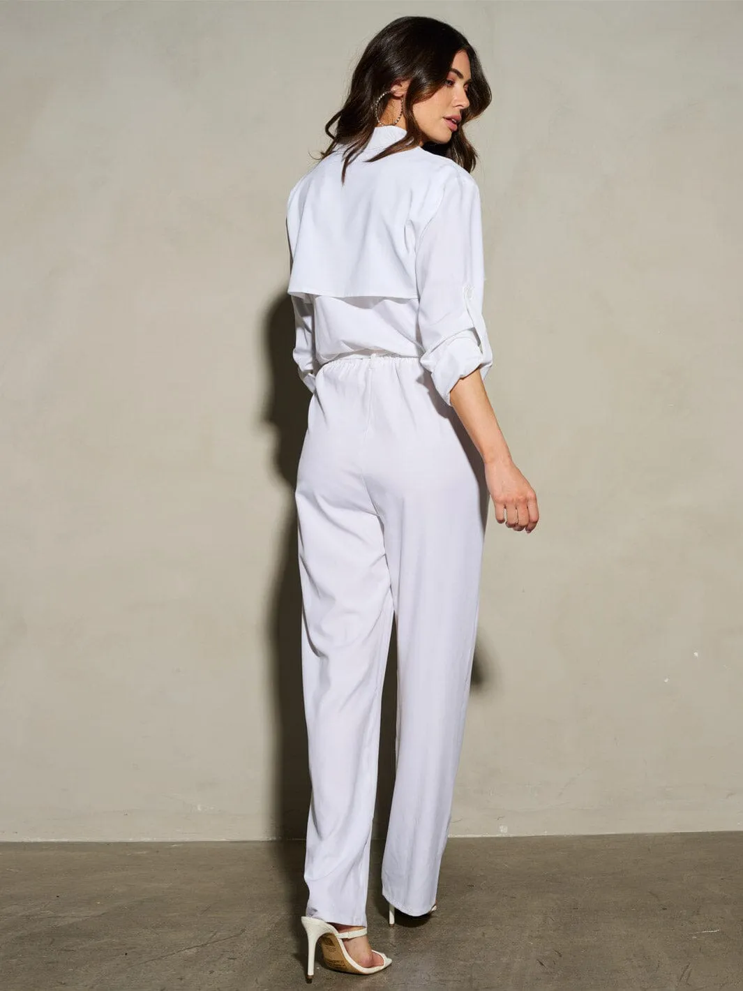 WOMEN'S LONG SLEEVE BUTTON CLOSURE SELF TIE POCKETS WIDE LEG JUMPSUIT