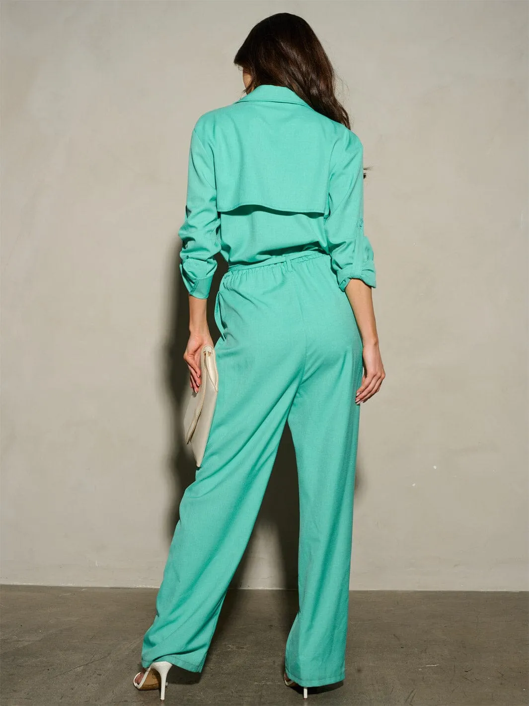 WOMEN'S LONG SLEEVE BUTTON CLOSURE SELF TIE POCKETS WIDE LEG JUMPSUIT